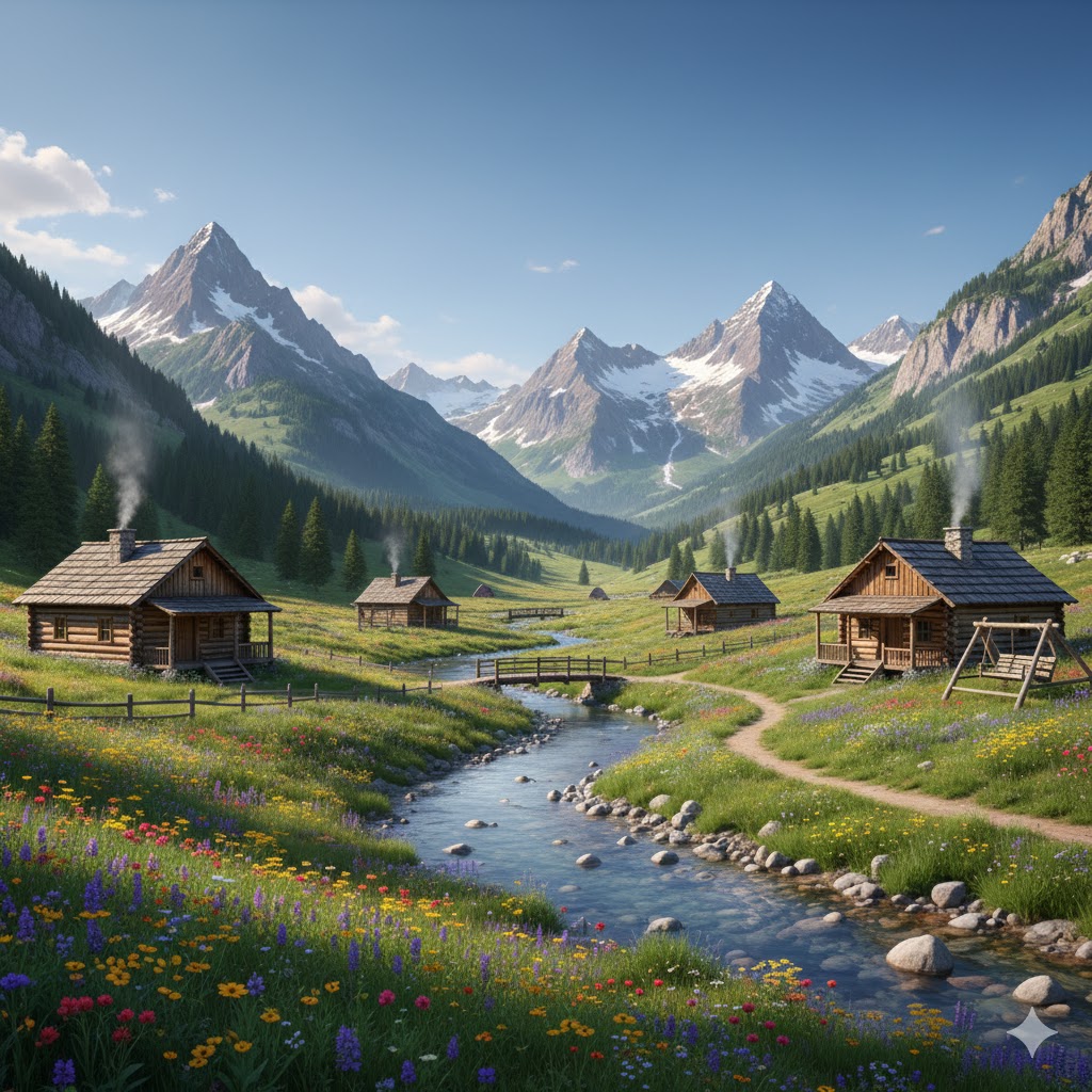 Peaceful mountain valley with budget cabins.