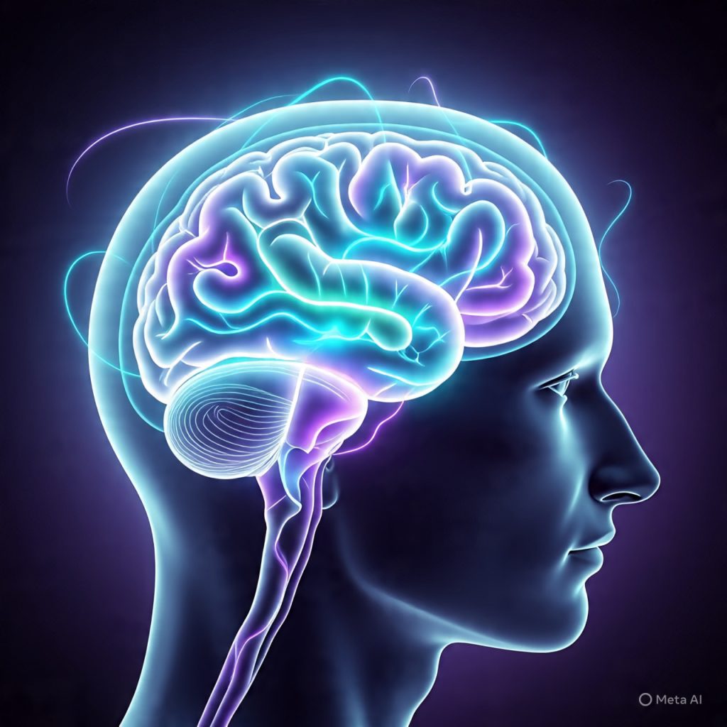 Mental wellness concept shown through abstract glowing brain and creative lines