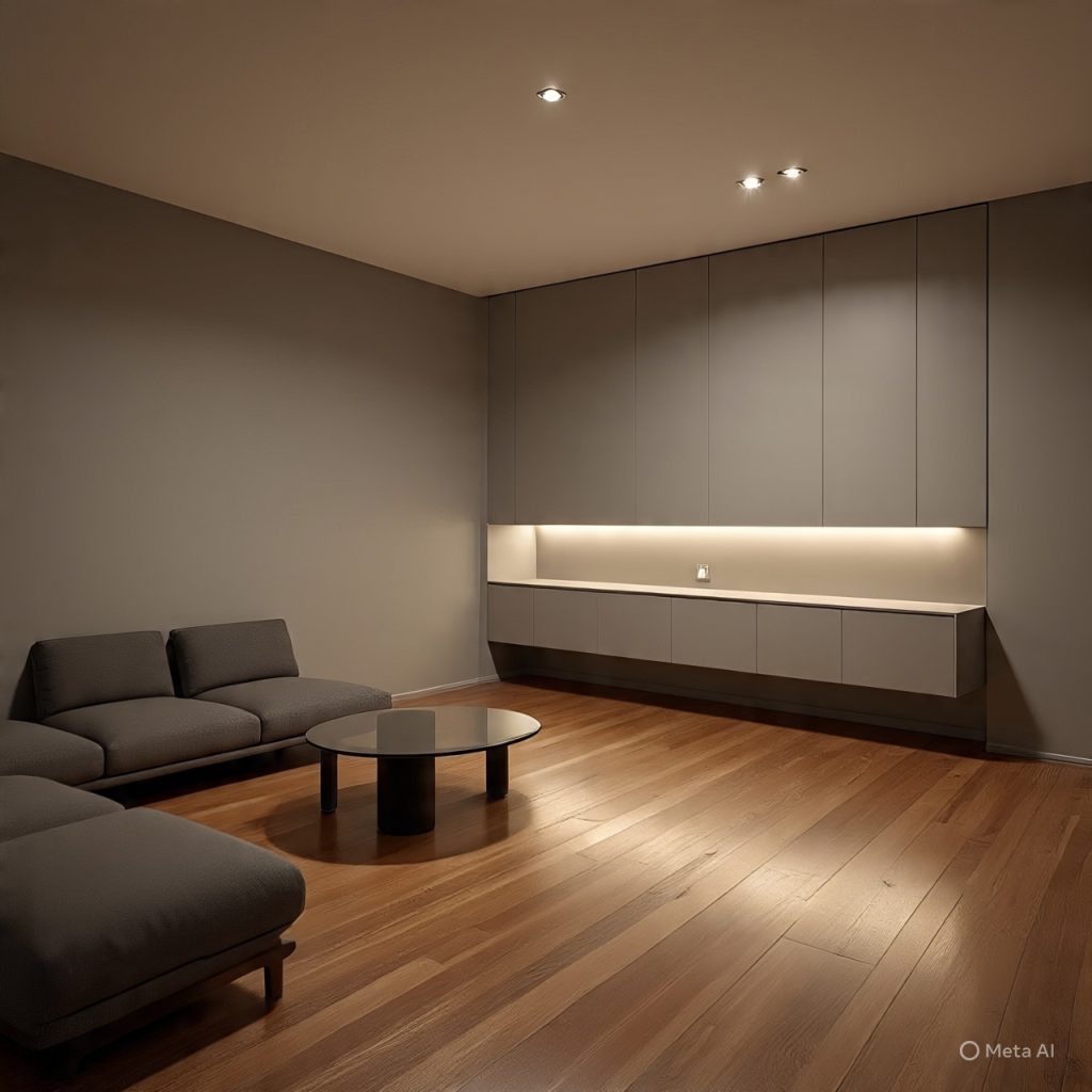 Living room illuminated with voice-controlled smart lighting.