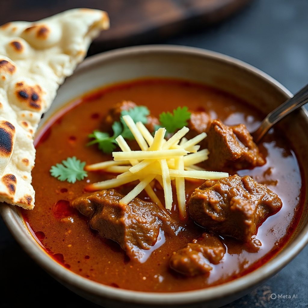 Steaming bowl of rich beef nihari, glossy reddish gravy, ginger julienne, lemon, coriander, ghee, and naan on the side.
