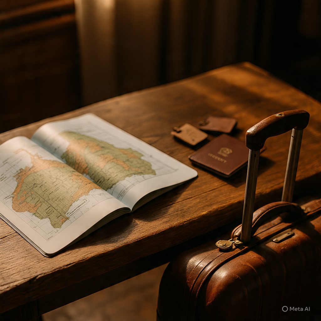 Travel essentials with map and passport on a table for a smart and meaningful traveling guide