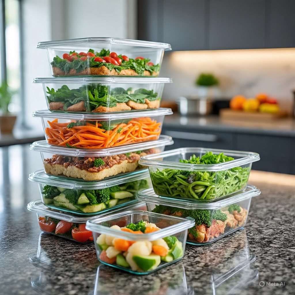 Organized meal prep containers filled with balanced meals.