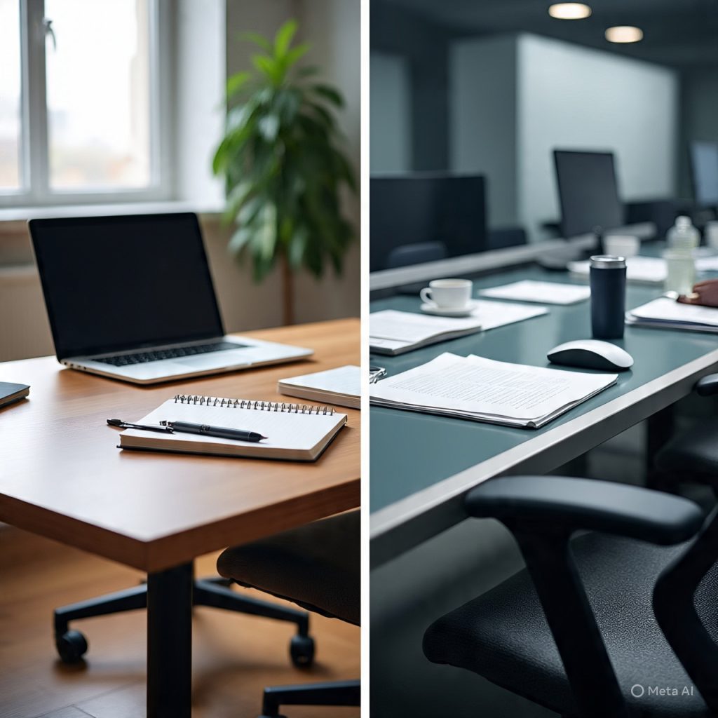 Hybrid work concept with home and office workspace contrast.