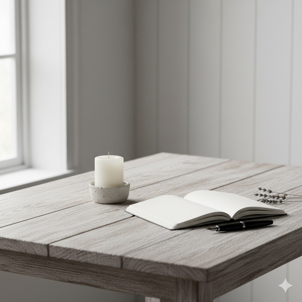 Minimal wooden table symbolizing simplicity and calm.