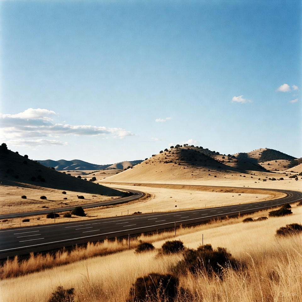 Peaceful countryside road for budget travel.