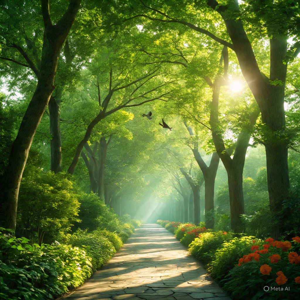 Tranquil path through nature representing lifelong simplicity.