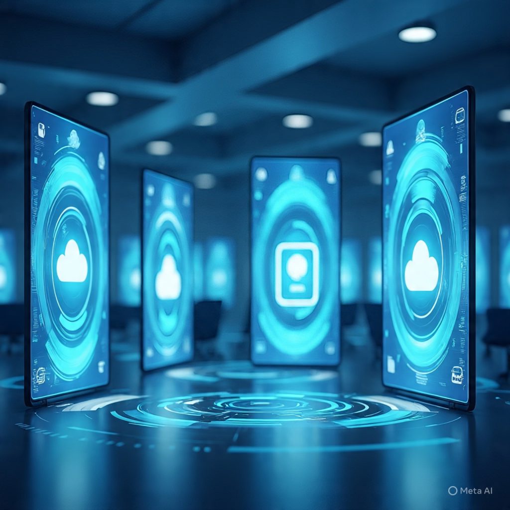 Futuristic digital workspace representing the future of remote work.