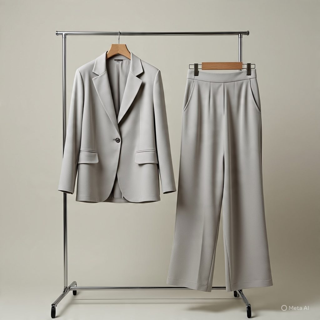 Oversized women’s suit set on a minimalist rack.