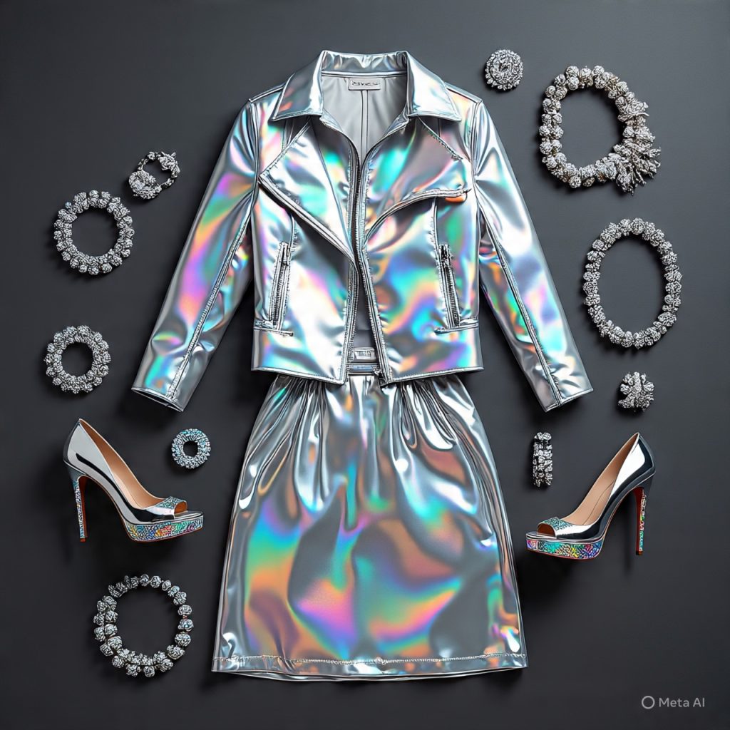 Metallic skirt and holographic jacket in a futuristic flat lay.
