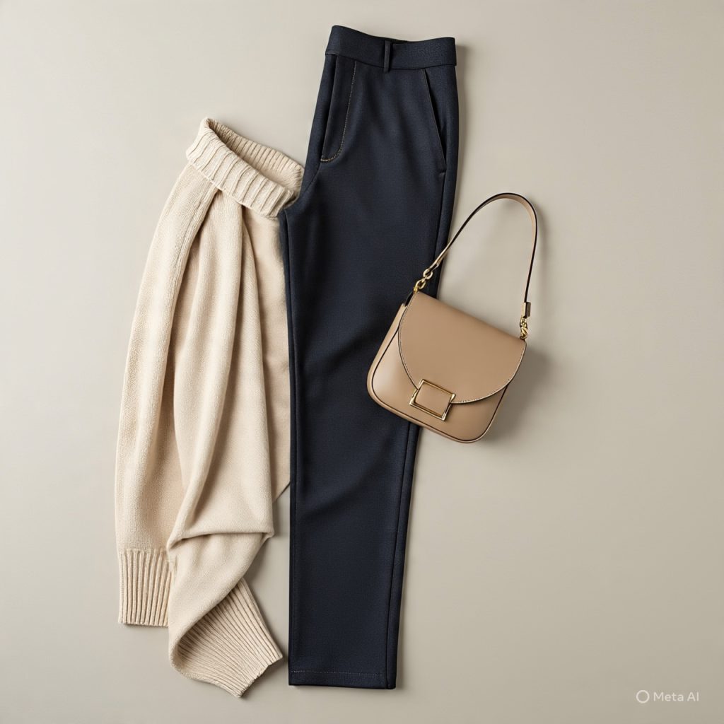 Minimalist luxury clothing and accessories in neutral tones.