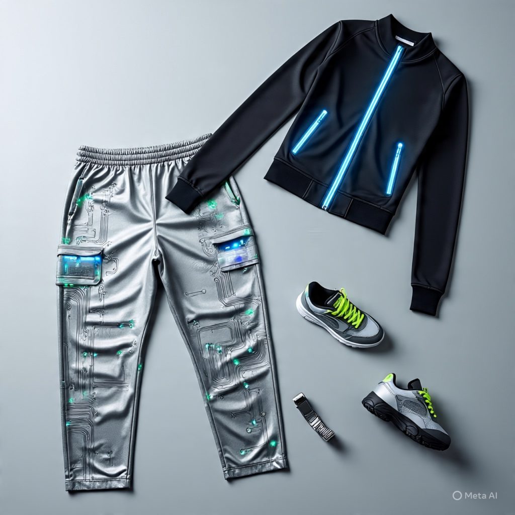 Smart clothing with tech-enhanced fabric and LED elements.