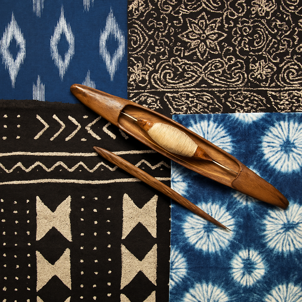 Global traditional textiles showing international craft influence.