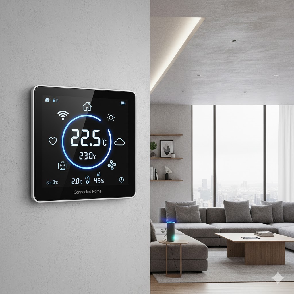 Smart thermostat controlling home temperature automatically.