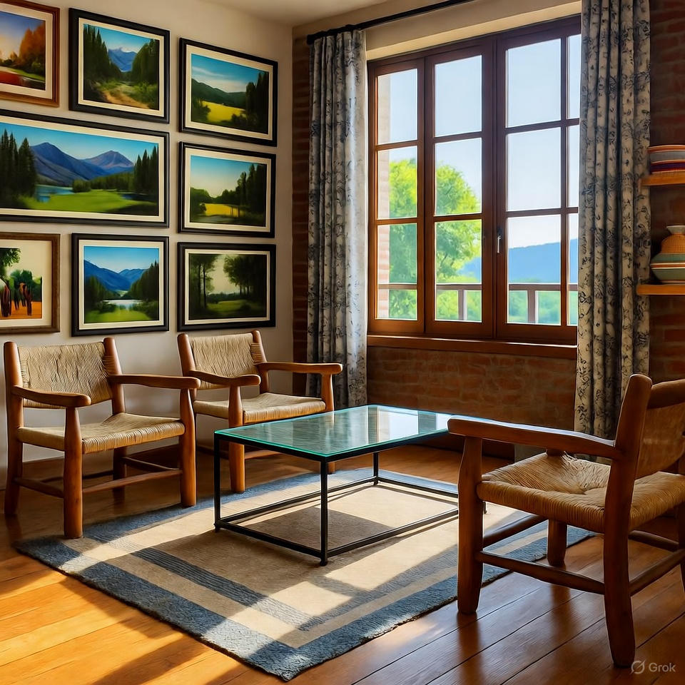 Hotel room blending local design and natural elements.