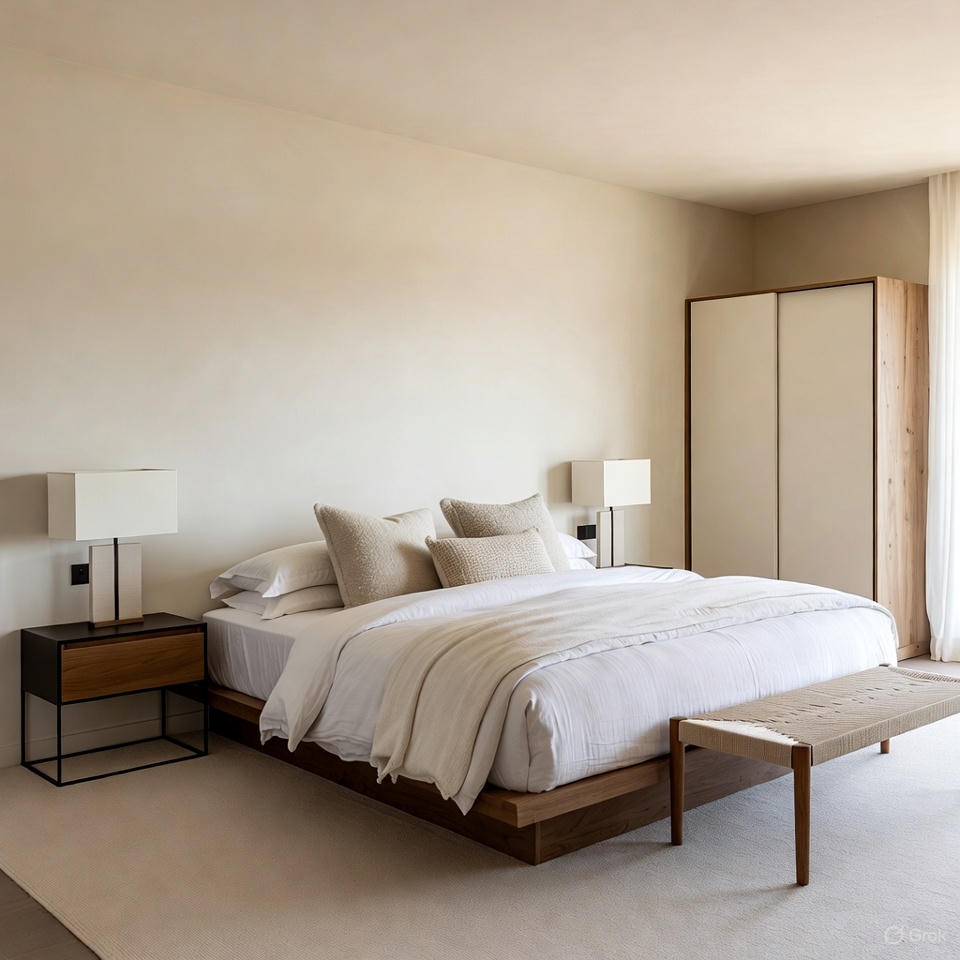 “Modern bedroom furniture including platform bed and floating nightstands.”