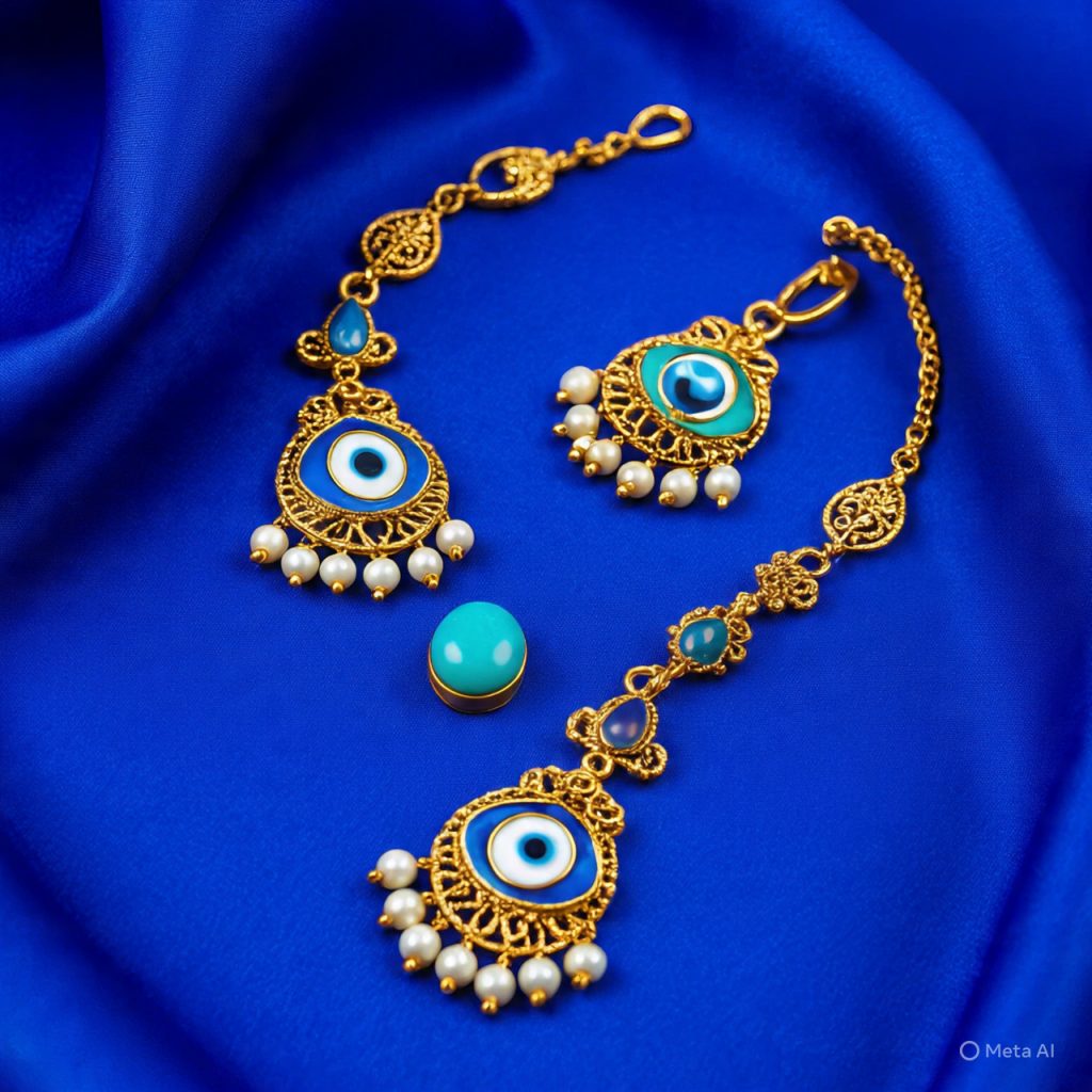 Elegant Turkish gold and turquoise jewelry with blue-eye design.