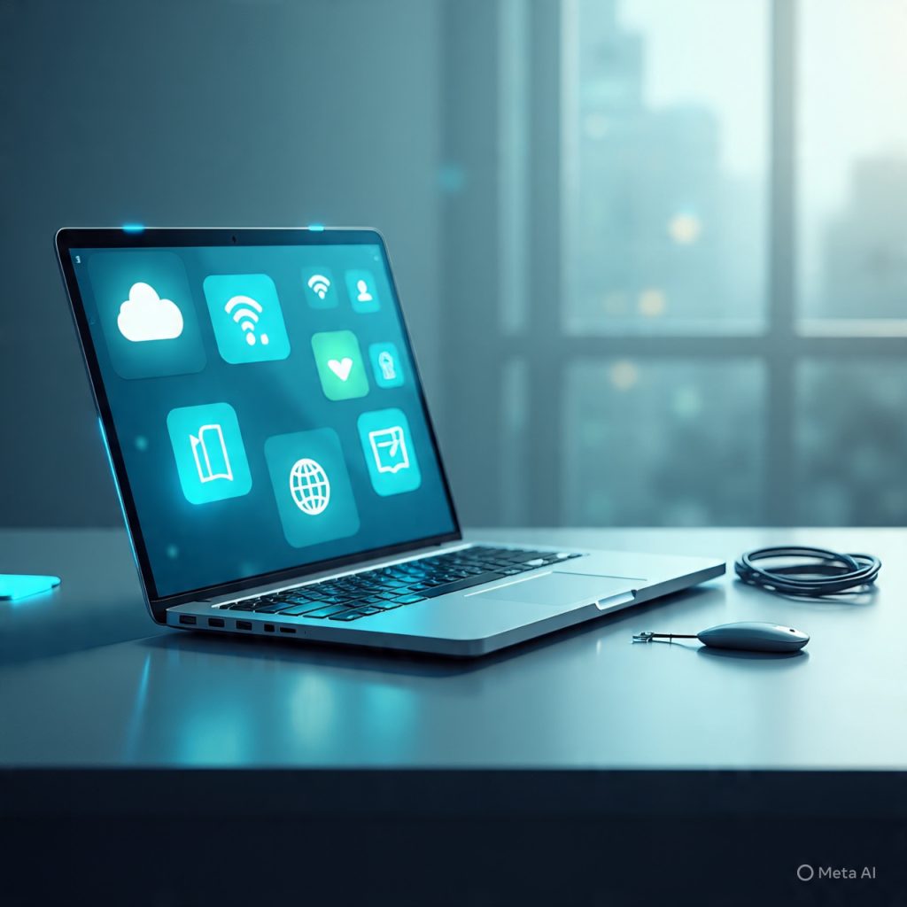 “Laptop with digital learning icons.”