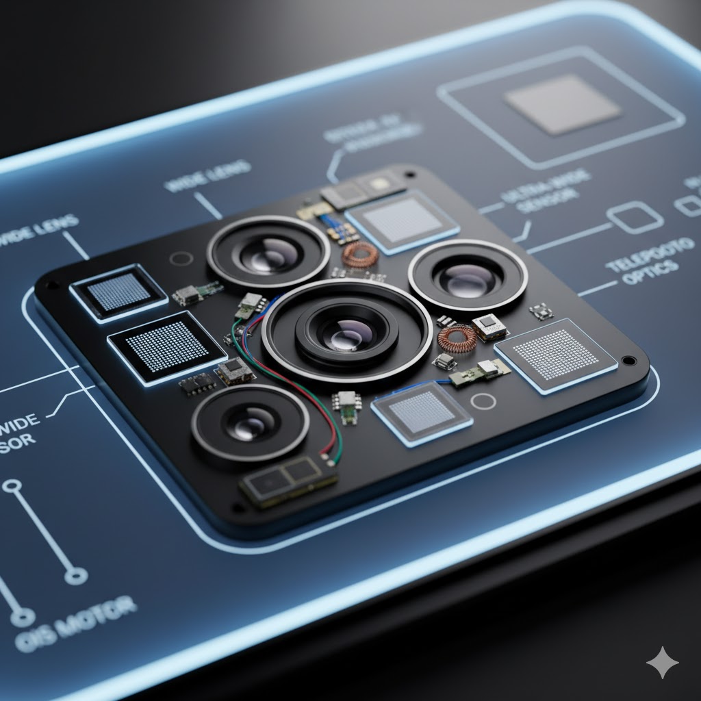 Close-up of smartphone camera lenses and sensors.