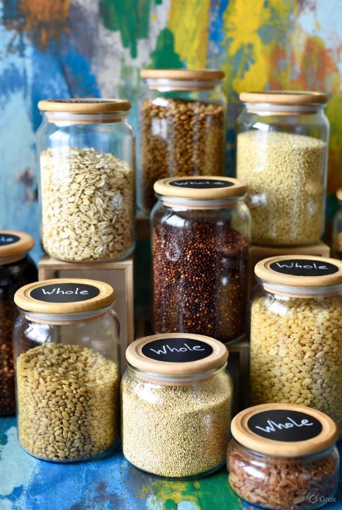 Healthy whole grains stored in glass jars