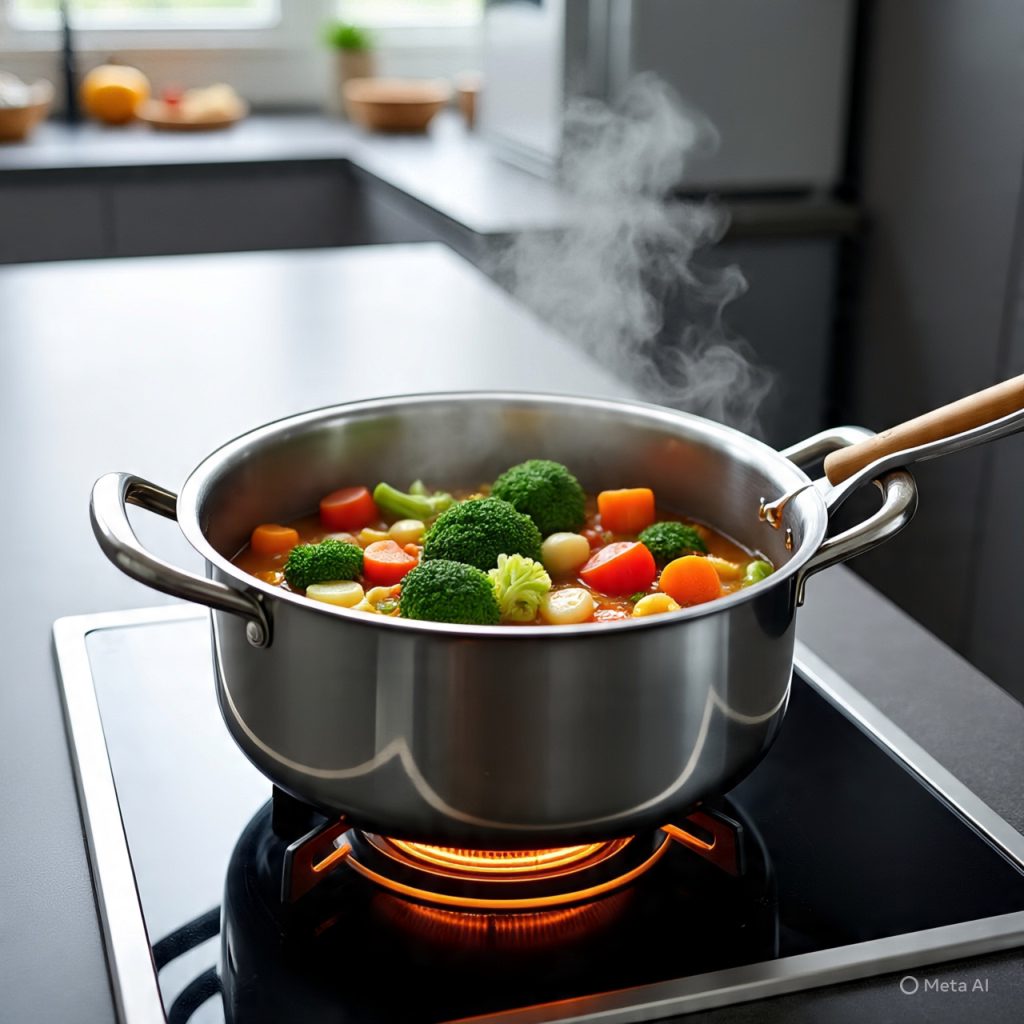 One-pot vegetable stew cooking on stovetop.