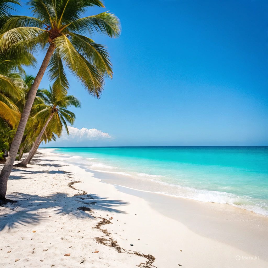 Quiet tropical beach with palm trees.