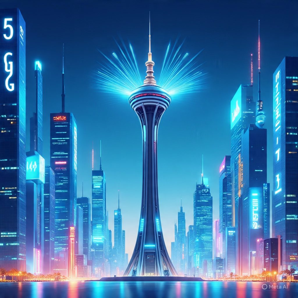 5G signal tower with digital wave illustration