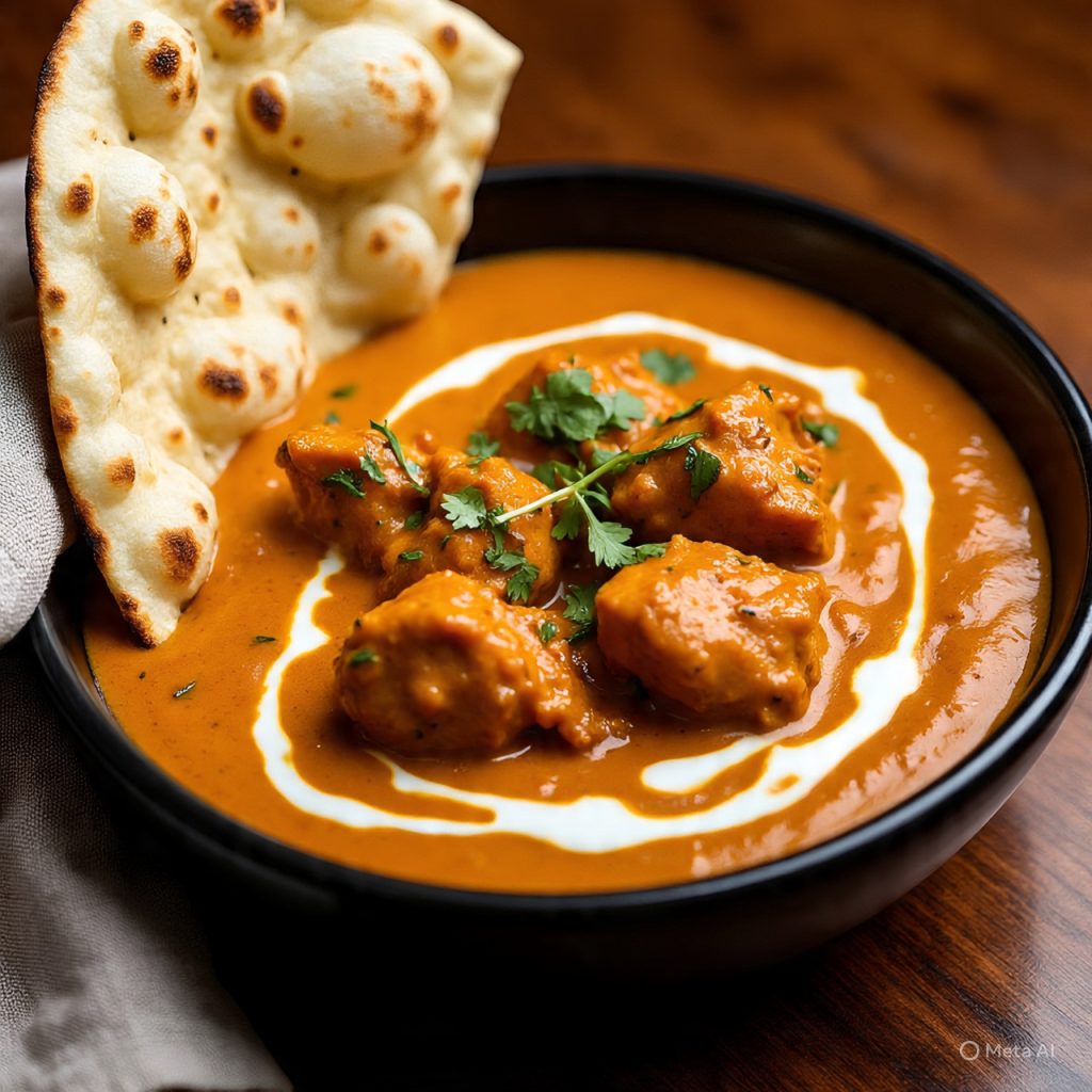 Creamy butter chicken in black bowl, vibrant orange gravy, tandoori chicken pieces, cream swirl, kasuri methi, butter naan.
