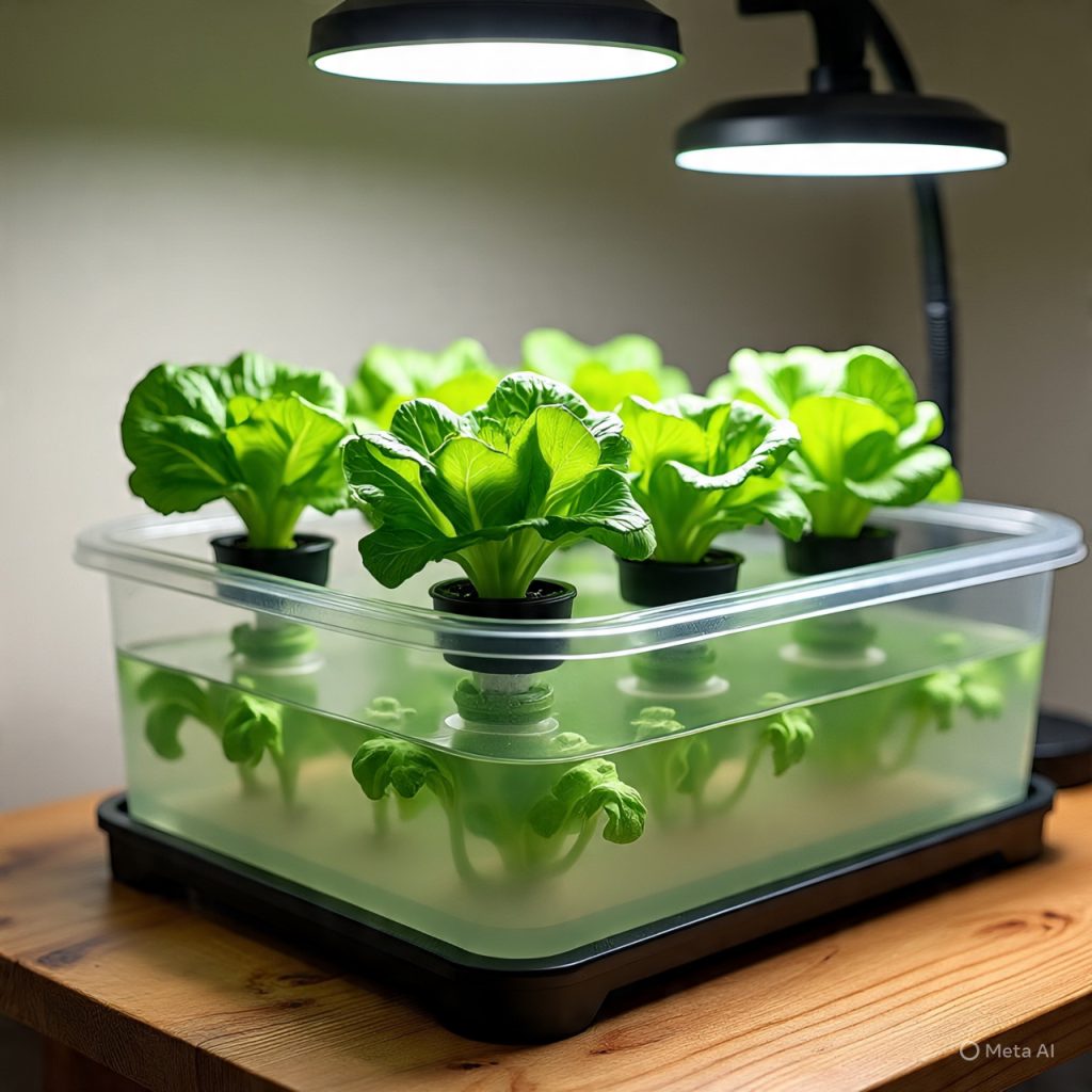 Fresh hydroponic plants growing indoors