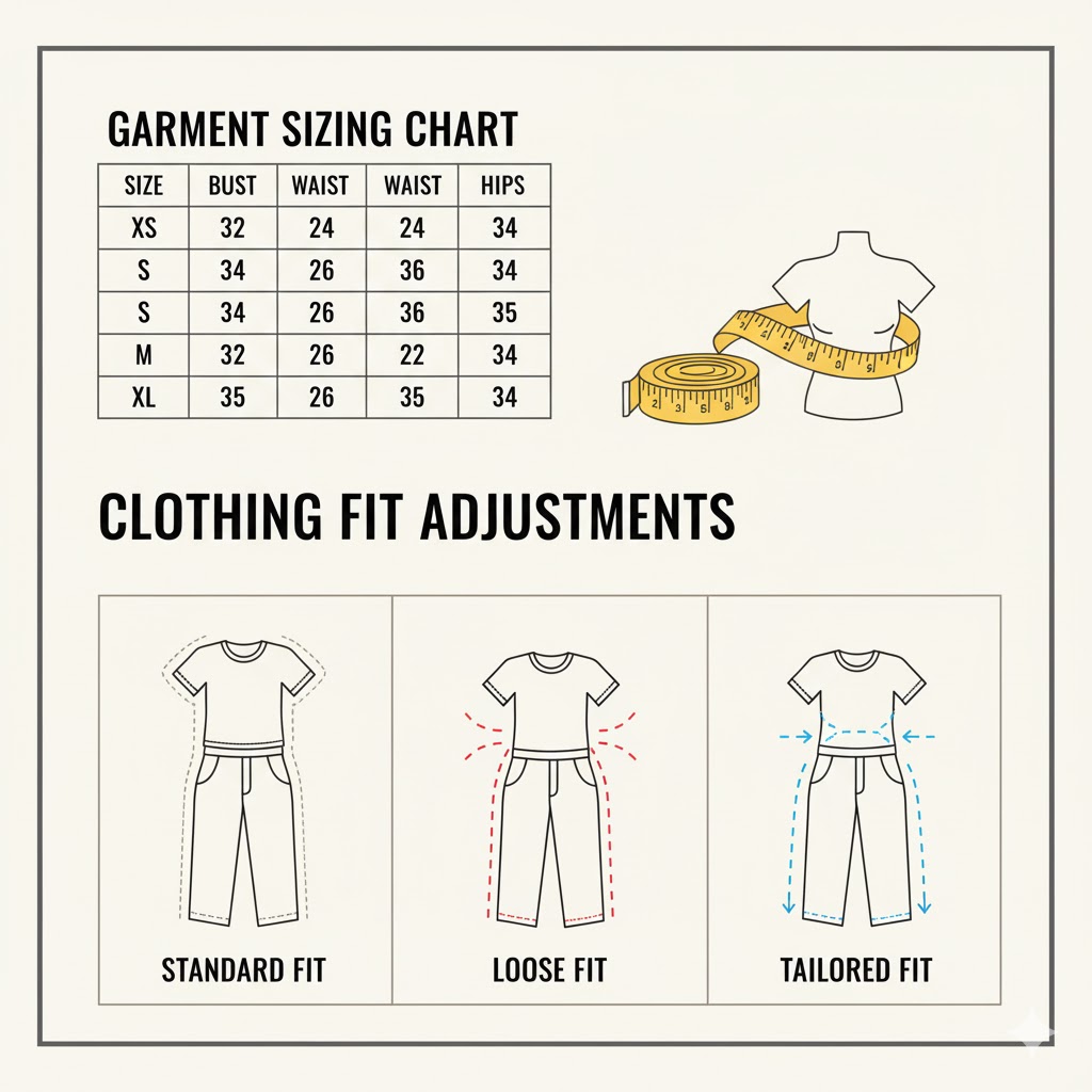 Garment sizing chart and measurement tools.