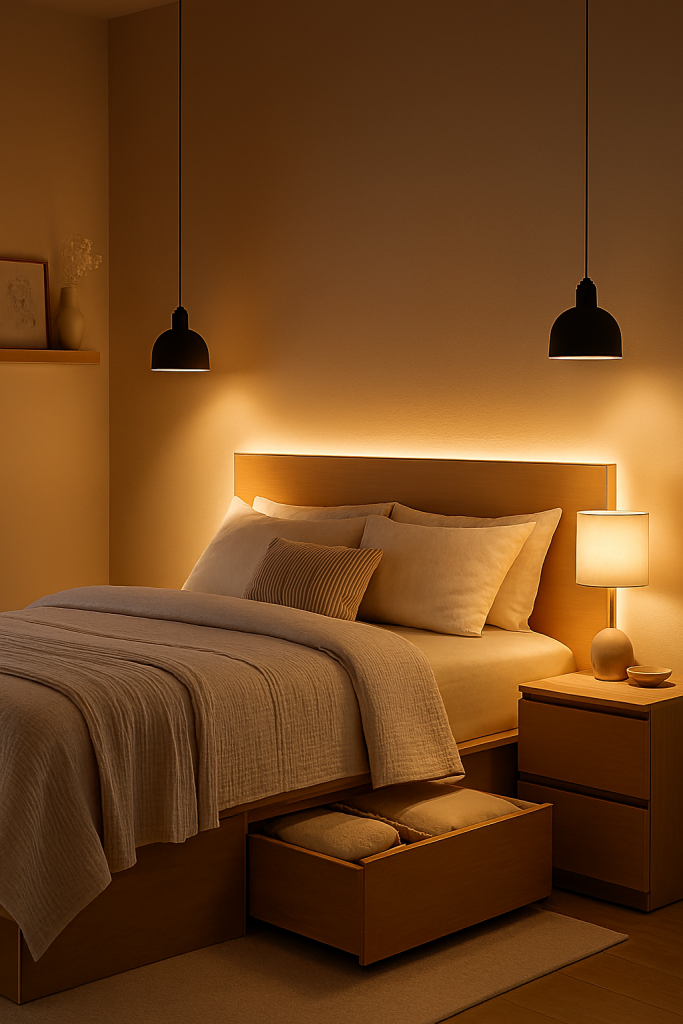 “Statement lighting setup in a warm and stylish modern bedroom.”
