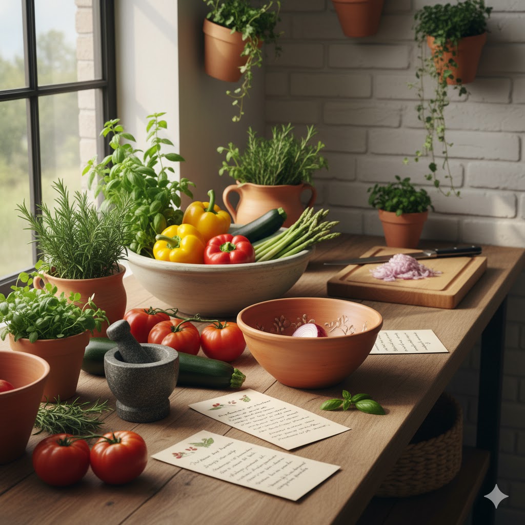 Traditional cooking ingredients prepared for workshop.