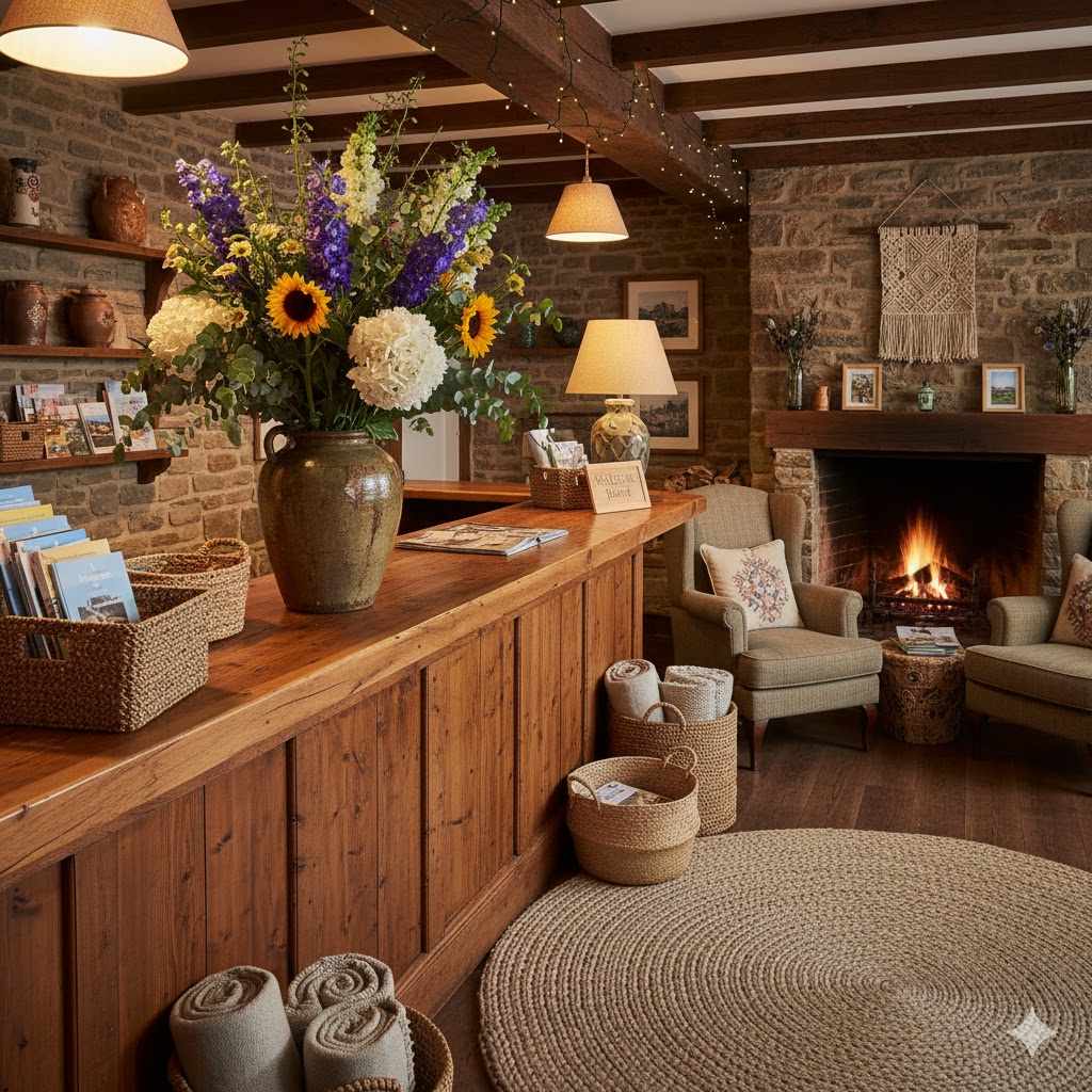 Boutique hotel reception with artisanal décor.