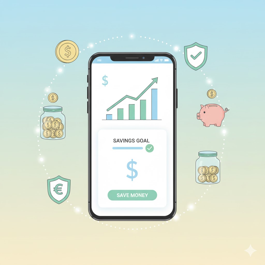 Mobile app for saving money shown with digital icons.