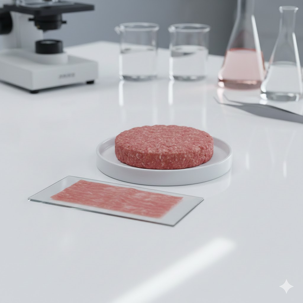 Cultured meat displayed in a lab-style setting