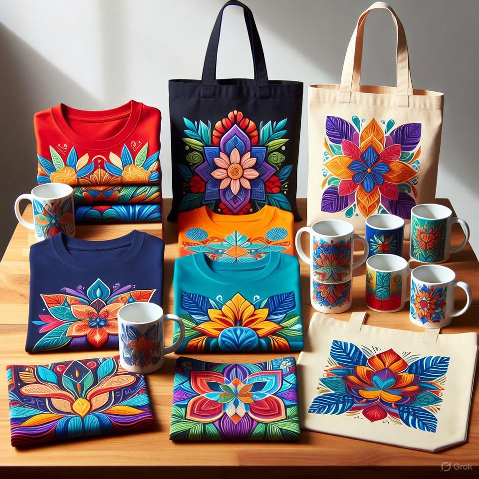 Printed products for online store arranged on table.