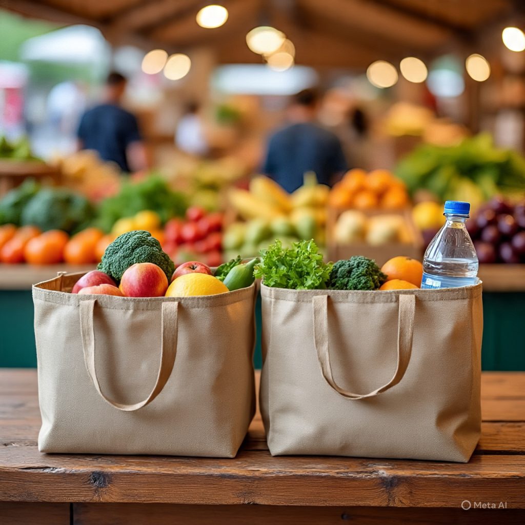 Mindful shopping concept with reusable bags and minimal items.