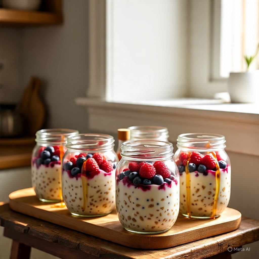 Overnight oats jars ready for quick breakfast.