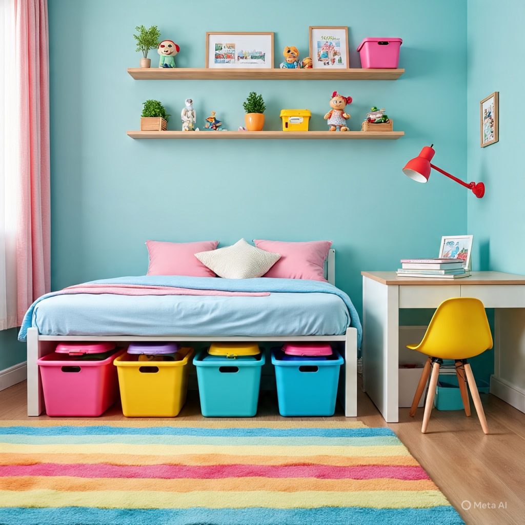 A tidy room with storage bins, shelves, and compact drawers for toys and books.