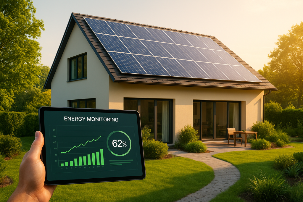 Smart home with solar panels and energy monitoring system.