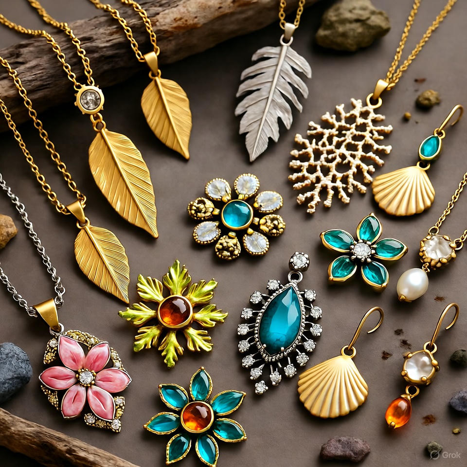 Nature-inspired jewelry featuring organic shapes and earthy tones.