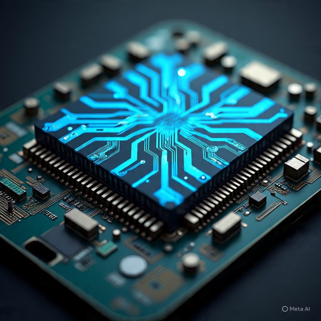 Smartphone processor chip with futuristic circuit glow.