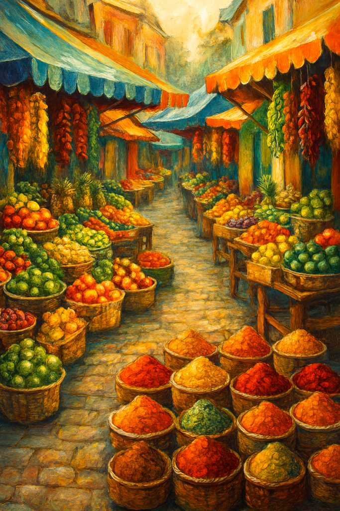 Colorful street market with budget-friendly goods.