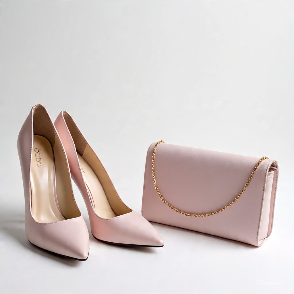 Monochrome pink shoes and matching handbag.