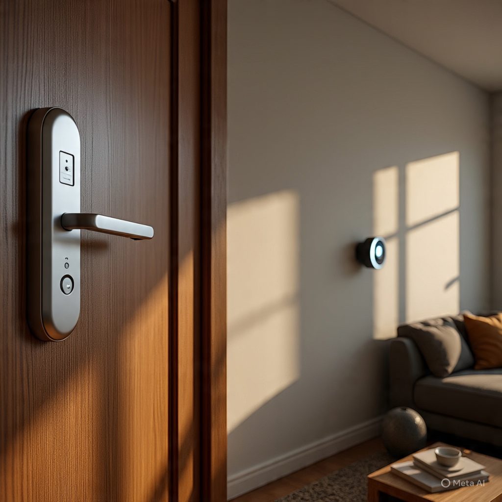 Smart lock and security sensors installed on door.