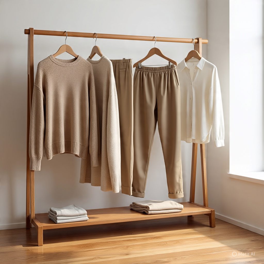 Minimal capsule wardrobe with few classic garments.
