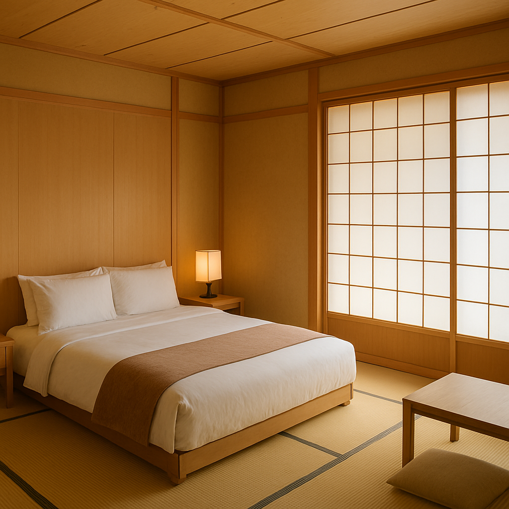 Zen-inspired minimalist Japanese hotel interior.