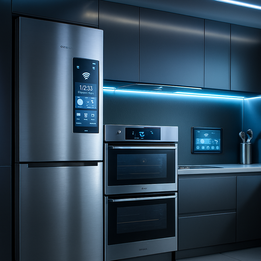 Smart kitchen featuring connected appliances and touch controls.