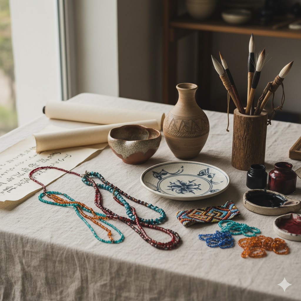 Traditional art crafts from different cultures.