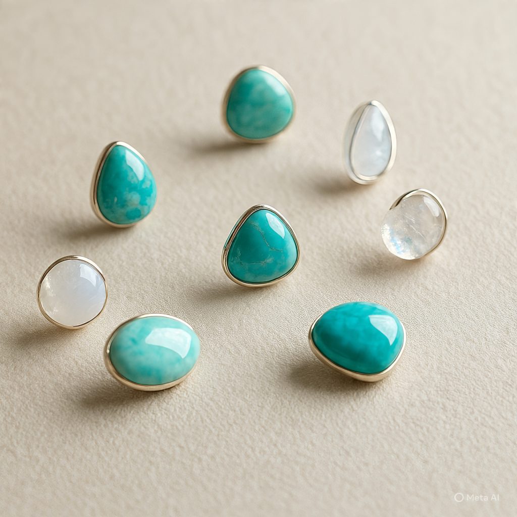 Modern jewelry with colorful and raw-cut gemstones.