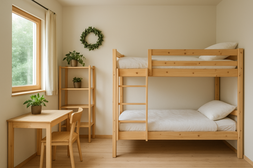 Eco-friendly hostel room interior.